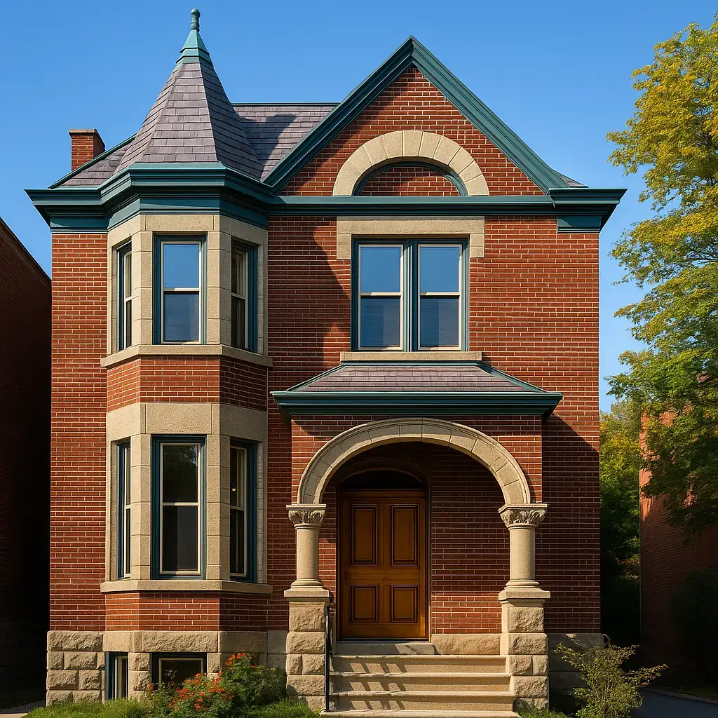 A two-story red brick heritage home in Montreal with arched limestone entry and teal roof accents, reflecting the city's architectural traditions.