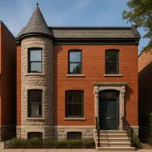 A restored Victorian-style brick house in Montreal with a stone turret, limestone sills, and a dark green door—showcasing professional masonry work.