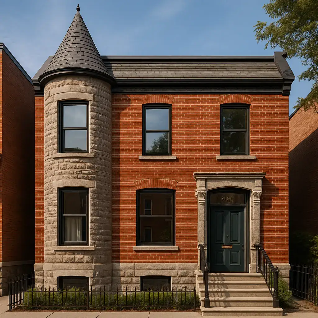 A restored Victorian-style brick house in Montreal with a stone turret, limestone sills, and a dark green door—showcasing professional masonry work.