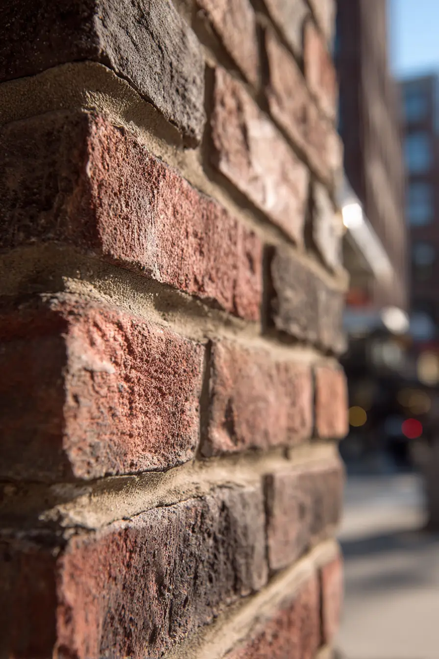 Gros plan d’un mur en brique restauré à Montréal montrant les joints de mortier refaits avec précision