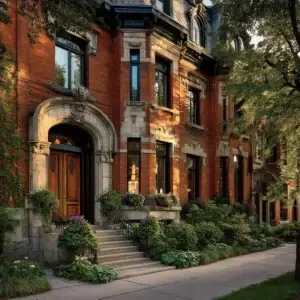 Façade d’une maison patrimoniale en brique rouge à Westmount avec linteaux en pierre et jardin soigné